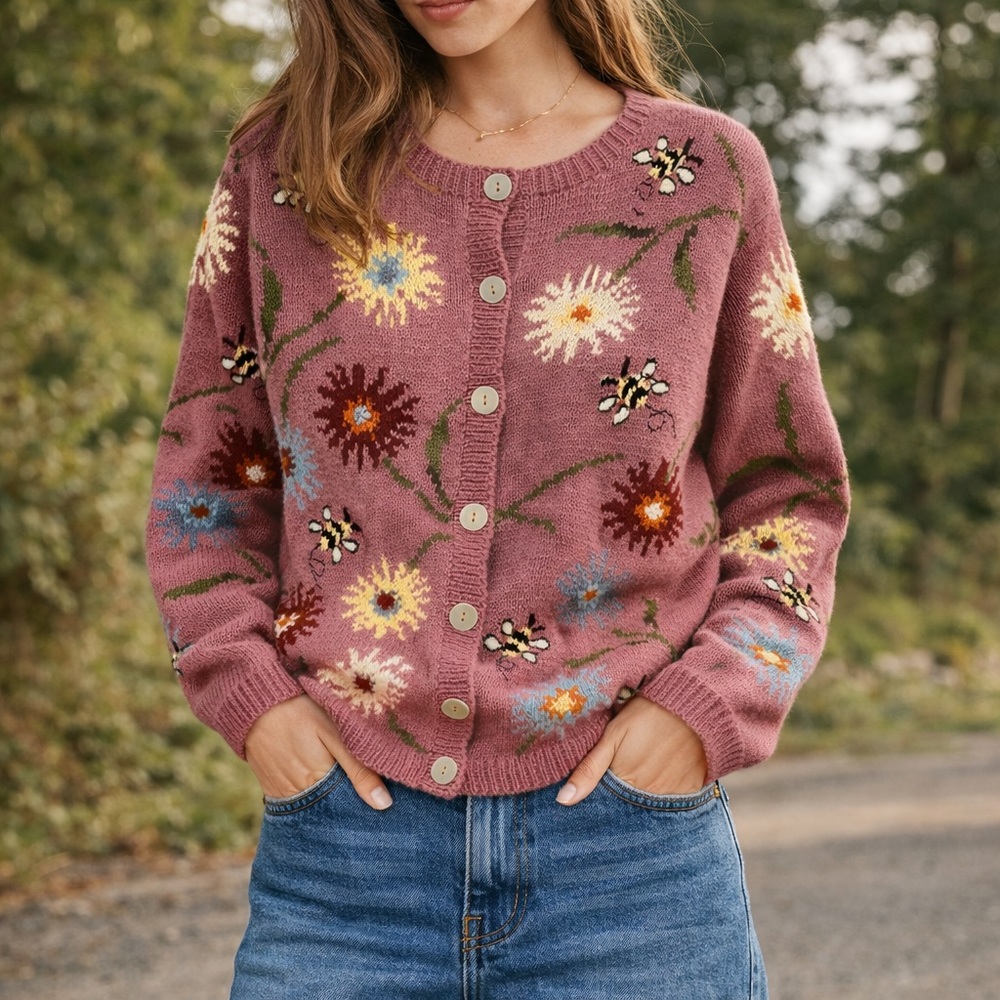 Floral Knit Button-Up Cardigan Sweater - Mauve